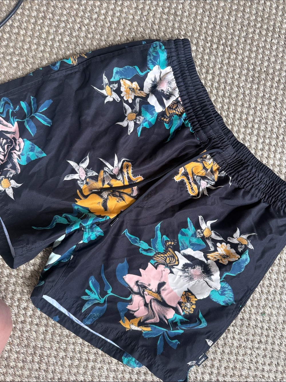 Vans XL Black Floral Swim Shorts with Teal, Pink & Mustard Bloom Print